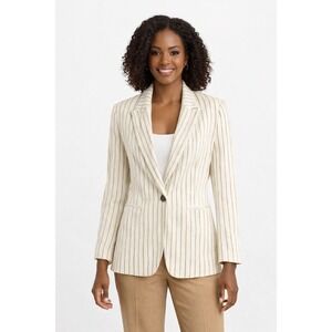 H&M Ivory Tan Striped Single Button Blazer Jacket Textured Cotton 8 Preppy 70-22